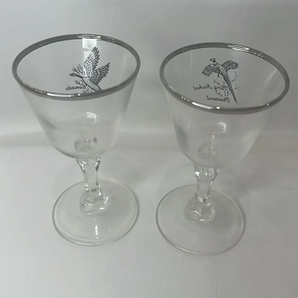 Tiffin Pheasant Grouse Crystal Stem Cocktail Goblet 3 Oz Silver Trim Rim Set 2